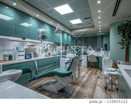 A dental treatment room in a luxury clinic, with advanced equipment, stylish furnishings, and a serene color palette, emphasizing the clinic's commitment to excellence and patient care 110955122