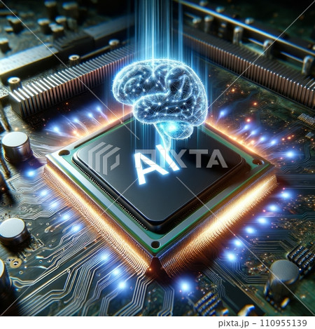 Advanced mobile microprocessor with a motherboard activates starting high tech system. AI letters and virtual brain on glowing chip. 110955139