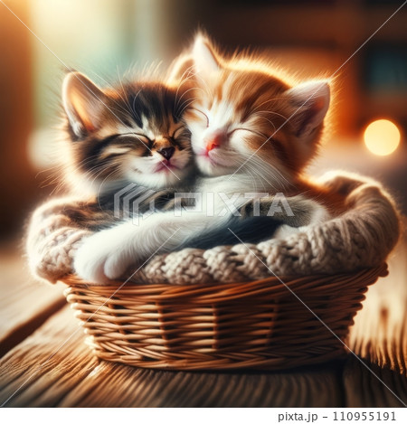 A heartwarming scene of two happy kittens cuddled up together in a cozy basket, their tiny paws and tails entwined, symbolizing love and affection, perfect for Valentine's Day, soft and adorable A heartwarming scene of two happy kittens cuddled up together in a cozy basket, their tiny paws and tails entwined, symbolizing love and affection, perfect for Valentine's Day, soft and adorable 110955191