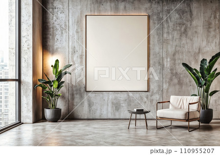 A minimalist wall mockup in a modern interior setting, a blank canvas perfect for artwork or advertising display, surrounded by sleek furniture and subtle decor, spacious and well-lit A minimalist wall mockup in a modern interior setting, a blank canvas perfect for artwork or advertising display, surrounded by sleek furniture and subtle decor, spacious and well-lit 110955207