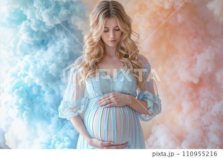 A serene portrait of a pregnant woman cradling her belly, soft pastel background in shades of pink and blue, gentle and loving expression A serene portrait of a pregnant woman cradling her belly, soft pastel background in shades of pink and blue, gentle and loving expression 110955216
