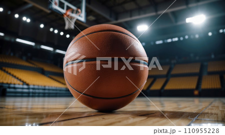 A basketball is placed on the court in front of a basketball hoop. The background is a blurred out arena with seats. The lighting is focused on the ball. A basketball is placed on the court in front of a basketball hoop. The background is a blurred out arena with seats. The lighting is focused on the ball. 110955228