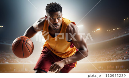 A action shot of basketball player in mid-dribble, intense focus in their eyes, muscles tensed, capturing the energy and agility of the sport, vibrant and lively stadium background 110955229