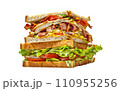 Exceptionally tall Club sandwich, featuring a ingredients layered between slices of white bread. This includes bacon, lettuce, tomato, cheese, and egg. Isolated on transparent background. Exceptionally tall Club sandwich, featuring a ingredients layered between slices of white bread. This includes bacon, lettuce, tomato, cheese, and egg. Isolated on transparent background. 110955256