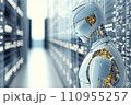 White humanoid robot supervisor with a advanced golden circuit board on her chest, standing in a server room. White humanoid robot supervisor with a advanced golden circuit board on her chest, standing in a server room. 110955257