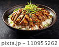 A plate of food with rice, chicken, and green onions on top. A plate of food with rice, chicken, and green onions on top. 110955262