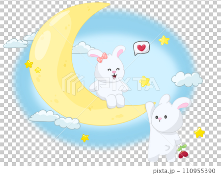 Cartoon rabbit girl sitting on the moon and rabbit boy clinging to the moon of valentine day concept Cartoon rabbit girl sitting on the moon and rabbit boy clinging to the moon of valentine day concept 110955390
