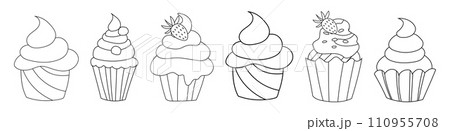 Set of cute doodle cakes, cupcakes in black and white, vector illustration, sweet table. 110955708