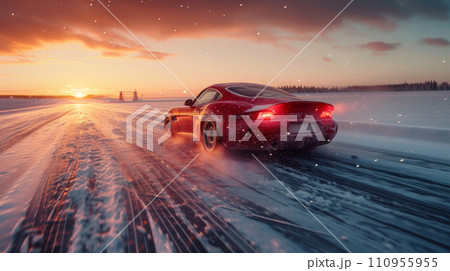 Sports car drifts on ice on a frozen lake 110955955
