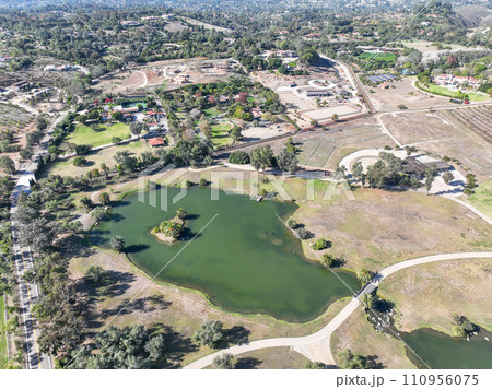 Aerial view over Rancho Santa Fe green valley landscape in San Diego Aerial view over Rancho Santa Fe green valley landscape in San Diego 110956075