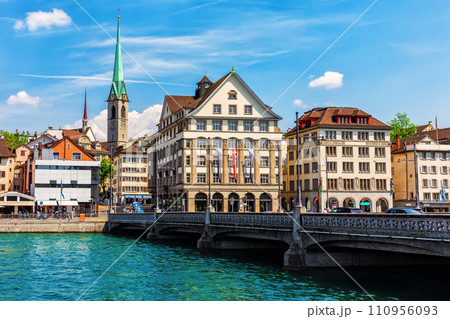 View on Rudolf Brun Bridge on River Limmat and Preacher's Church Tower of Zurich, Switzerland 110956093