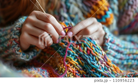 Woman knits a sweater from multi-colored threads Woman knits a sweater from multi-colored threads 110956223
