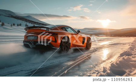 Sports car drifts on ice on a frozen lake 110956261