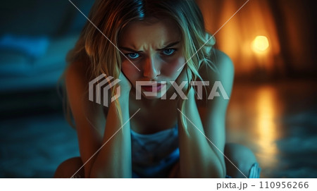 Sad upset woman crying in dark gloomy house Sad upset woman crying in dark gloomy house 110956266