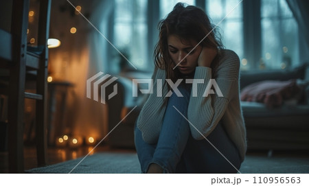 Sad upset woman crying in dark gloomy house Sad upset woman crying in dark gloomy house 110956563