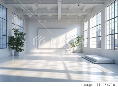 a empty room with white walls and large windows 110956710