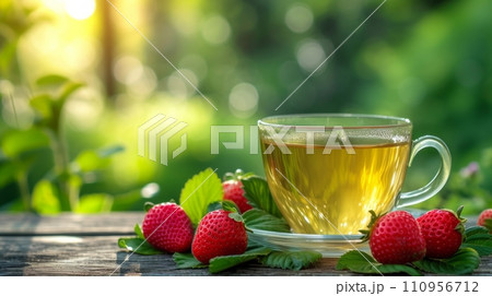 a cup of green tea next to strawberries on a wooden table. blurred background of summer garden from behind 110956712