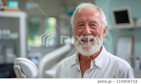 A Happy Senior Man Poses for the Camera at the Dentist's Office 110956718