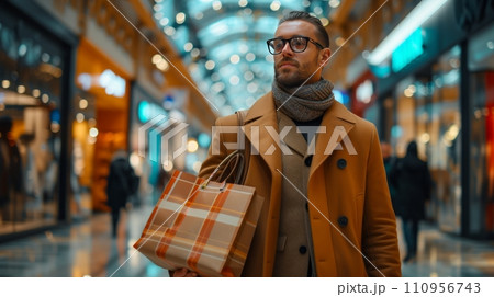 A Business Man Delights in Shopping for Gifts at the Mall 110956743