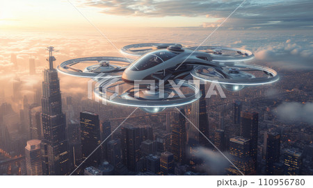 A Futuristic Manned Robo-Passenger Drone Soars Through the Sky Above a Modern City 110956780