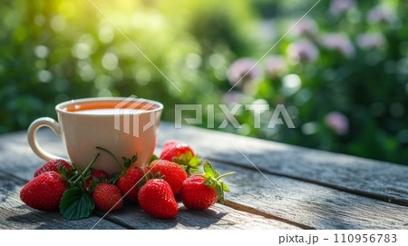 a cup of green tea next to strawberries on a wooden table. blurred background of summer garden from behind 110956783