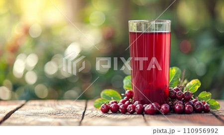 a glass of cowberry juice next to cowberries on a wooden table. blurred background of summer garden from behind a glass of cowberry juice next to cowberries on a wooden table. blurred background of summer garden from behind 110956992
