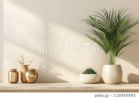 a desk with some ornaments and a potted plant 110956993