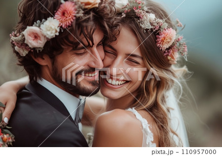 a couple and flowers crowns smiling together 110957000