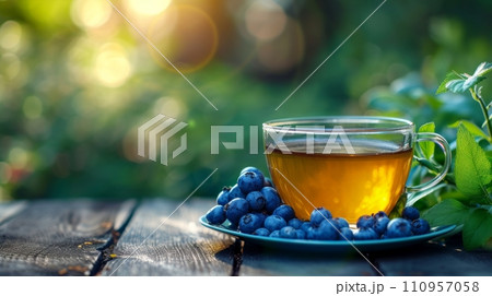 a cup of green tea next to blueberry on a wooden table. blurred background of summer garden from behind 110957058