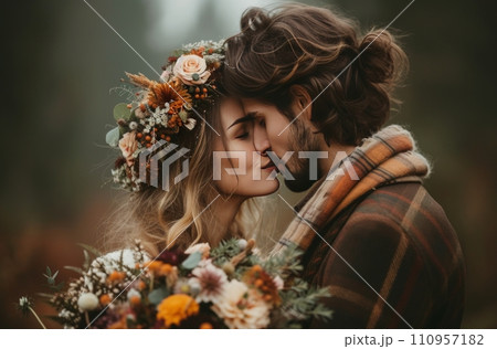 a couple kissing while holding flower crown 110957182