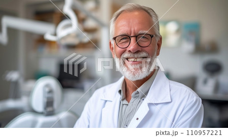 A Happy Senior Man Poses for the Camera at the Dentist's Office A Happy Senior Man Poses for the Camera at the Dentist's Office 110957221
