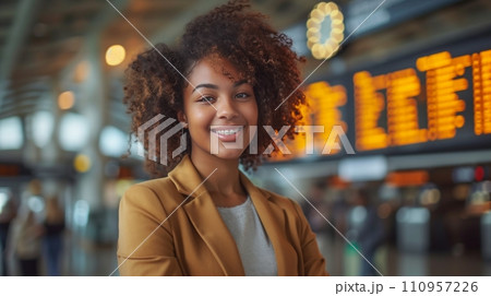 A Content Businesswoman Poses Confidently in Front of a Train Station Information Board 110957226