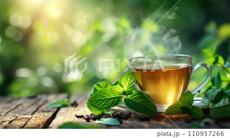 a cup of green tea next to mint leaves on a wooden table. blurred background of summer garden from behind 110957266