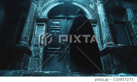 A man in a black cloak with a hood and a large scythe knocks on the door at night A man in a black cloak with a hood and a large scythe knocks on the door at night 110957273
