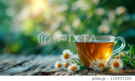 a cup of green tea next to chamomile flower on a wooden table. blurred background of summer garden from behind 110957285