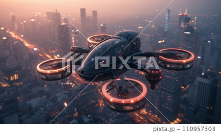A Futuristic Manned Robo-Passenger Drone Soars Through the Sky Above a Modern City 110957303