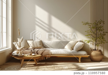 a sofa with blankets, a plant and a table 110957380