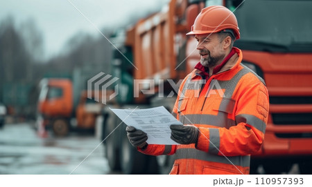 A transportation manager reviewing a checklist in a parking lot 110957393
