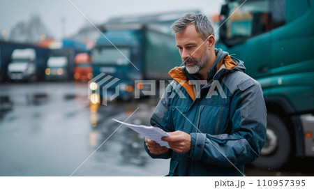 A transportation manager reviewing a checklist in a parking lot 110957395