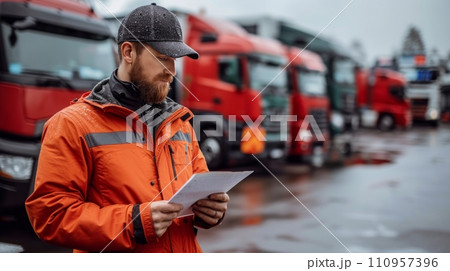 A transportation manager reviewing a checklist in a parking lot 110957396