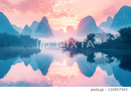 a waterfall is on the water with mountains reflected in it a waterfall is on the water with mountains reflected in it 110957405
