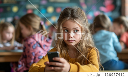 A white 12-year-old girl sits and plays on her phone during class A white 12-year-old girl sits and plays on her phone during class 110957412