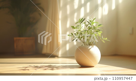 a white wooden vase filled with plants in a room with sunlight 110957447