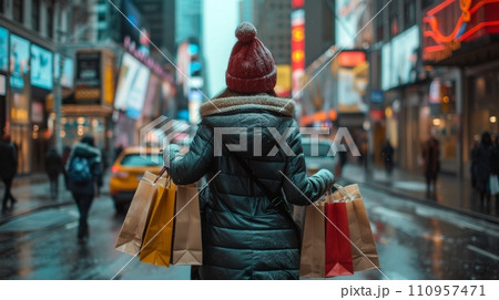 A woman carries two heavy shopping bags through the streets of city 110957471