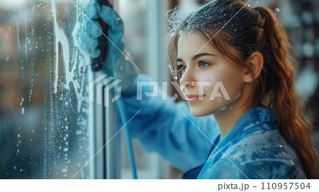 A young beautiful girl in a blue overalls washes a window 110957504