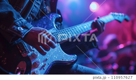 a person is playing an electric guitar at a concert a person is playing an electric guitar at a concert 110957627