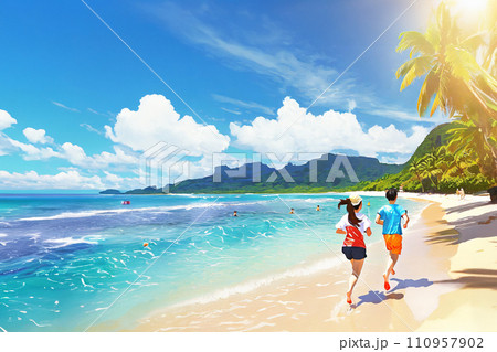 青空の南の島のビーチサイドを走る人々 青空の南の島のビーチサイドを走る人々 110957902