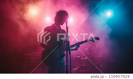 the guitar player standing during concerts 110957929