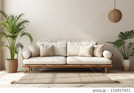 couch and plant in white and brown sitting room 110957951