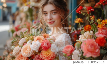 Curly girl florist collects a beautiful bouquet for the bride in a flower shop on a French street Curly girl florist collects a beautiful bouquet for the bride in a flower shop on a French street 110957963